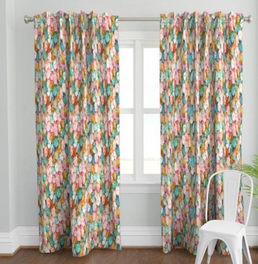 One Curtain Panel or Valance "Flight of Feathers Painted" Handmade using Organic Cotton Fabric - Blackout lining available