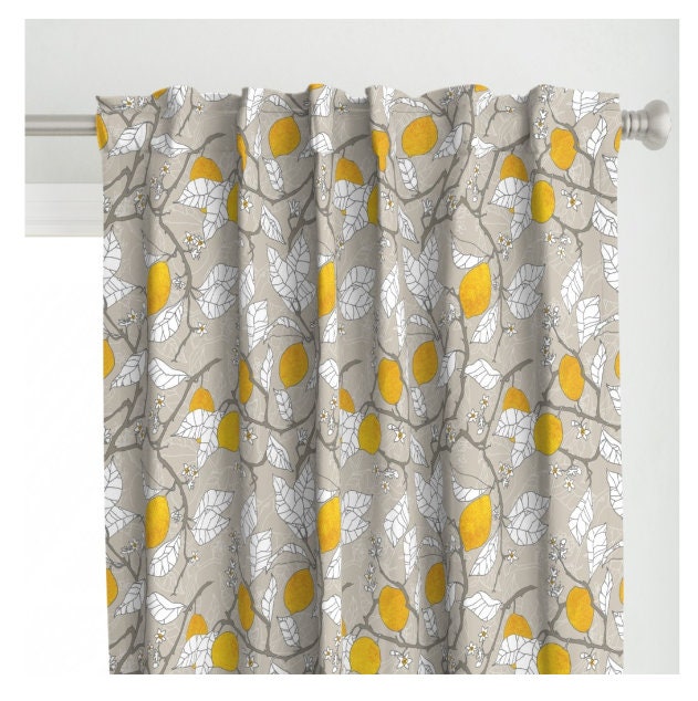 One Curtain Panel or Valance "Lemon Orchard" Handmade Drapery Using Organic Cotton. Yellow Lemons with White Leaves on taupe background