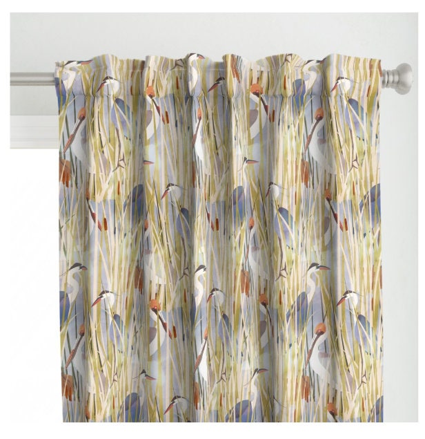 One (1) Curtain Panel or Valance - Organic Cotton "Marsh Birds" - 54" Wide. Custom Made to Order Sateen Cotton Window Treatment. Blue Herons