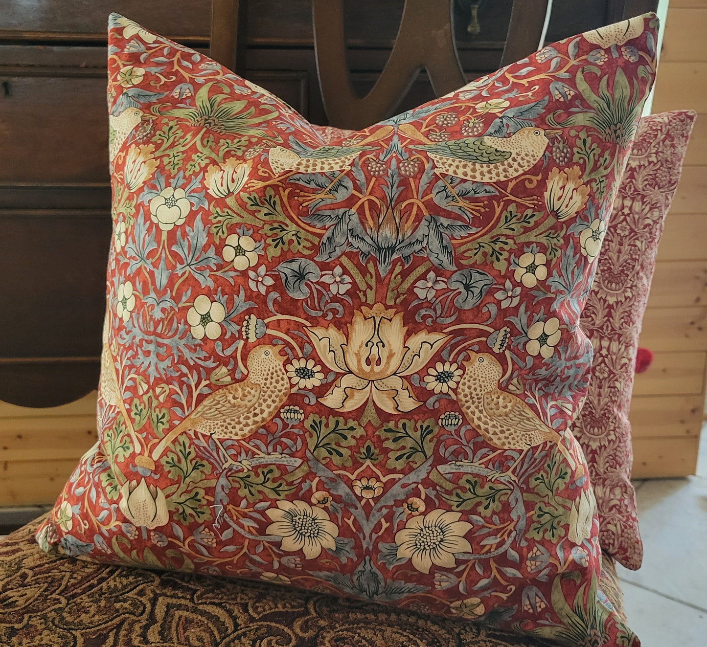 Pillow Cover - "Strawberry Thief - Red" William Morris FreeSpirit Fabrics