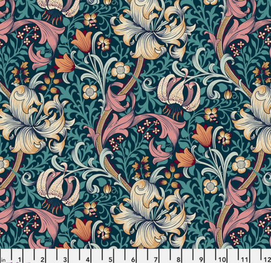 Faux Roman Shade Valance "Golden Lily - Teal - Red House - William Morris"