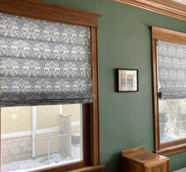 One Roman Shade - Made with "Brer Rabbit - Navy" William Morris  FreeSpirit Fabric. Functional Corded Blind