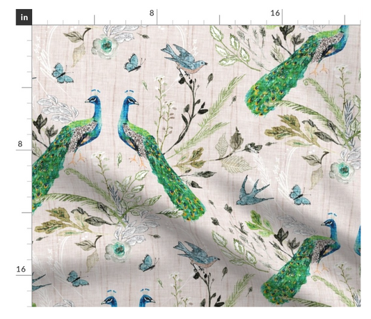 One Curtain Panel or Valance "Boheme Peacock Chinoiserie Blush"