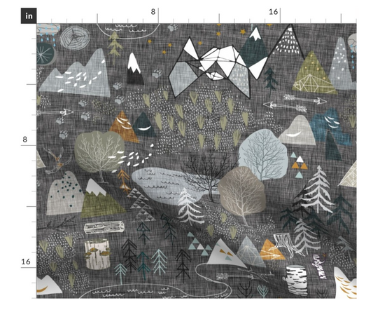 One Curtain Panel or Valance "Charcoal Max's Map"