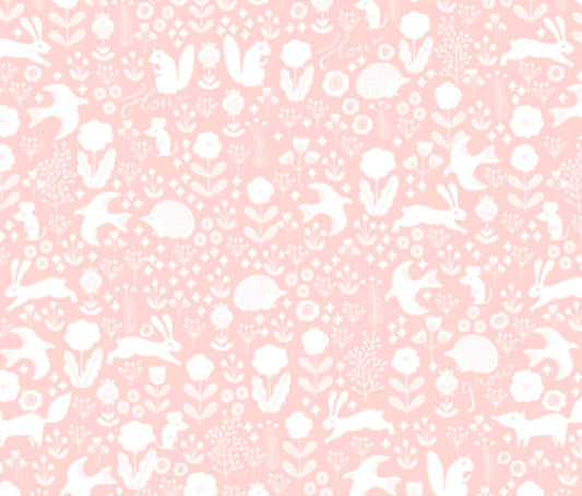 One (1) Curtain Panel Organic Woodland Spring Nursery 54" wide. Blackout lining option. Baby Animals, Pink and White. Bunnies and Birds