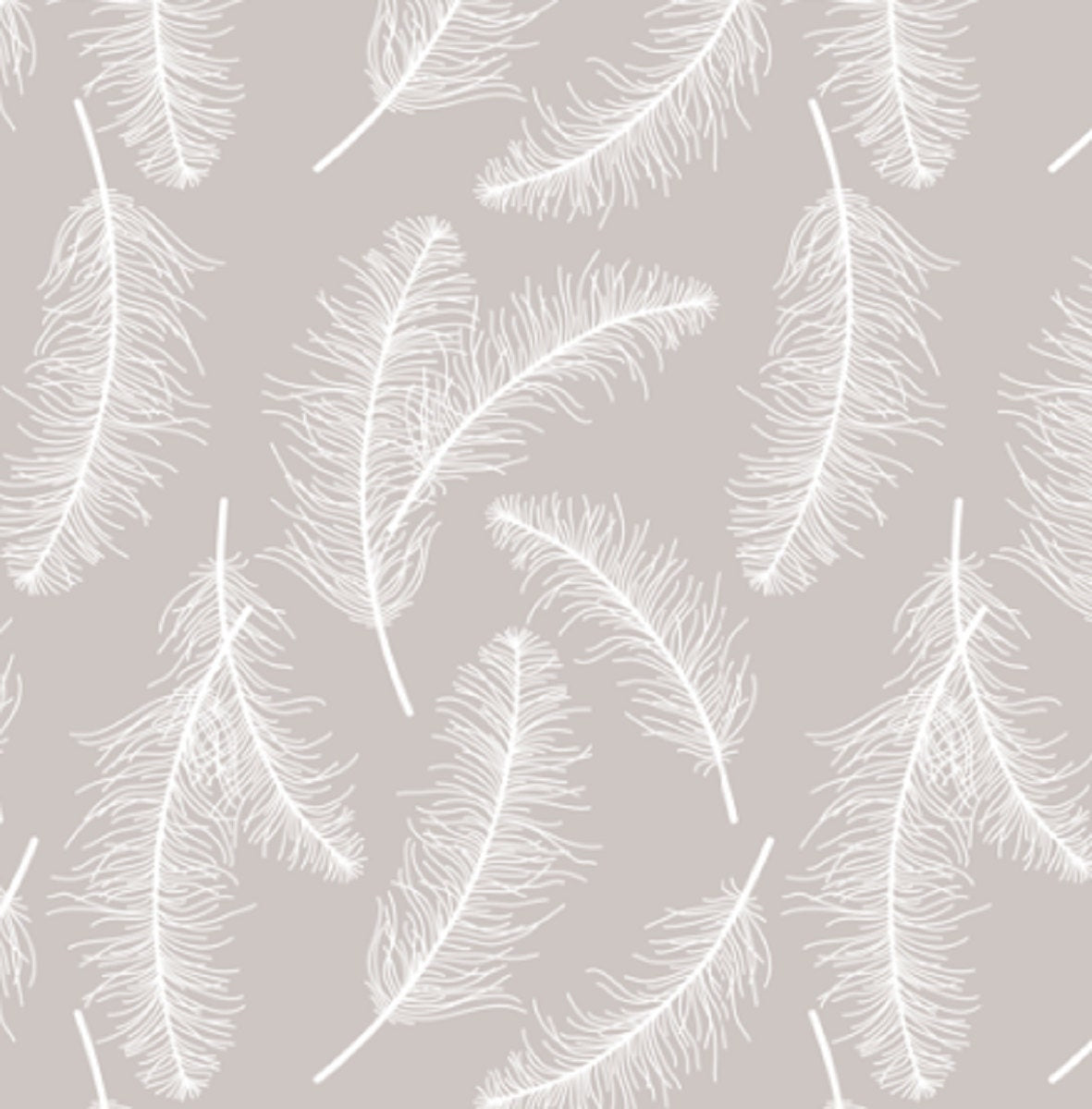 One (1) Curtain Panel or Valance - Organic Cotton "Feathers" White feathers on Taupe/Gray Background. 54" Wide. Light Blocking Available