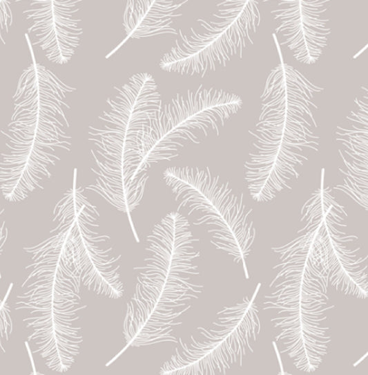 One (1) Curtain Panel or Valance - Organic Cotton "Feathers" White feathers on Taupe/Gray Background. 54" Wide. Light Blocking Available