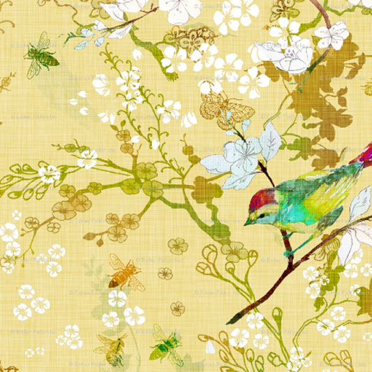 One (1) Curtain Panel Cotton "Birds + Bees Butter" 54 inches Wide. Yellow Sateen Cotton Fabric with White Flowers, Colorful Birds, Twigs.