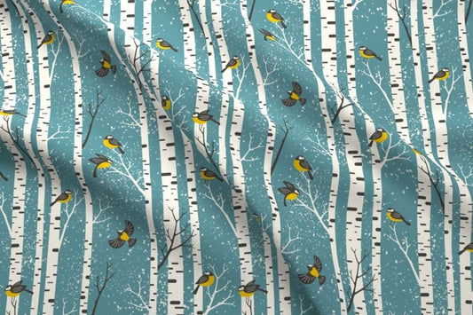 One (1) Curtain Panel Organic "Snowy Morning Light Teal" White Birch Tree - 54" Wide - Blackout lining available - Teal, Birds and Birch