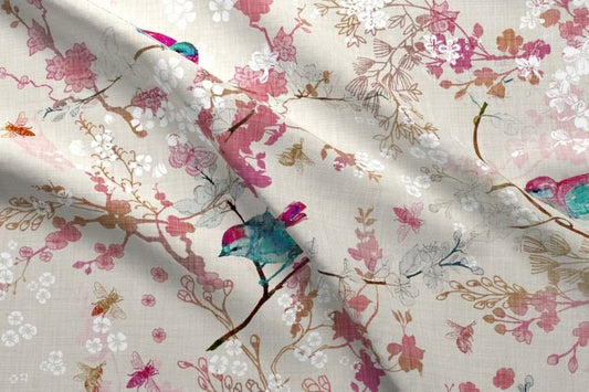 One (1) Curtain Panel Cotton "Birds + Bees Rose" - 54" Wide. Pink Sateen Cotton Fabric with White Flowers, Colorful Birds, Twigs