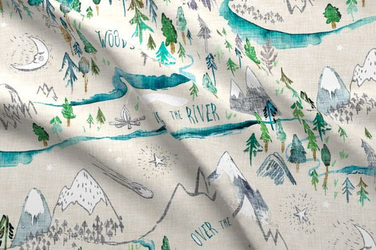 One (1) Curtain Panel "Let's go Adventuring Cream" 54 inch wide - Blackout lining option - Wildlife, cabin, nature, outdoor, mountains