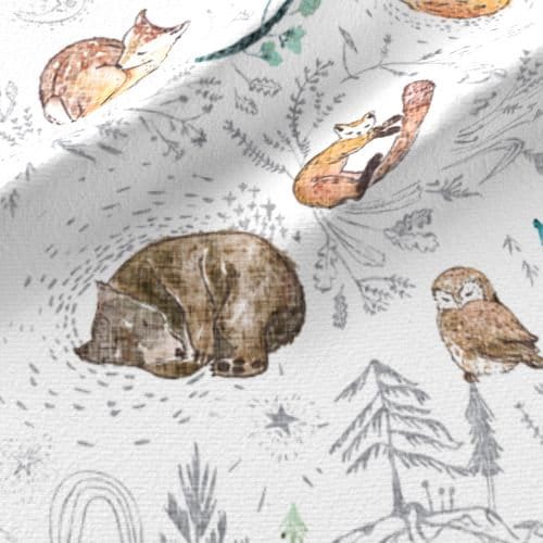 One (1) Curtain Panel Forest "Let's Go Zzzzz White 54" wide - Blackout lining available- Nursery baby animals, Bear, fox, owl, trees