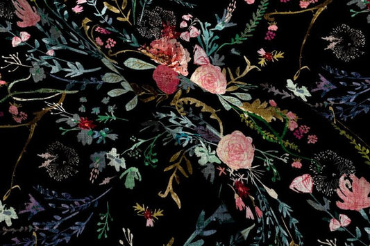 One (1) Curtain Panel or Valance - Organic Cotton "Fable Floral black"- Home Decor for Bedroom, Dining Room, Living Room, Granny Floral