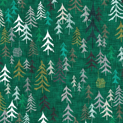 One (1) Curtain Panel Solitude Dark Green - Blackout lining optional - Wildlife, cabin, nature, outdoor, mountain, earth, trees, forest