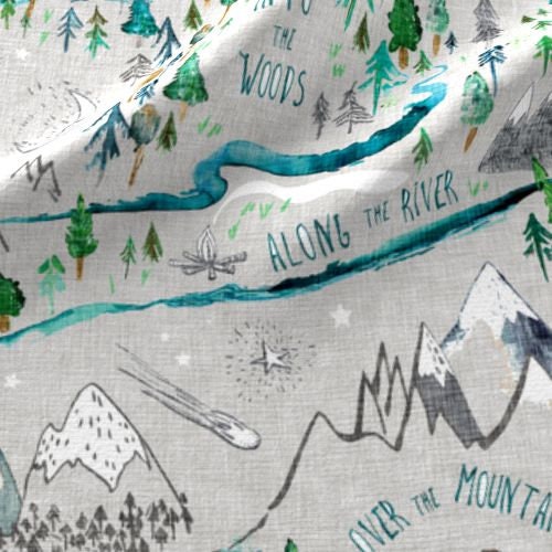 One (1) Curtain Panel or Valance - "Let's go Adventuring Stone" 54" wide - Blackout lining option - Wildlife, cabin, nature, outdoor