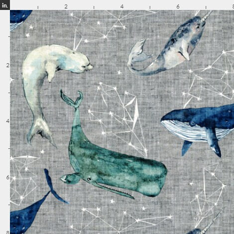 One (1) Curtain Panel Cotton "Atlantis Whales Grey" - Home Decor for Bathroom, Kids room. Fun Ocean, Beach, Blue Whales, Stars, Compass