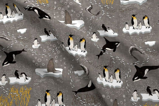 One (1) Curtain Panel - "Antics in Antarctica Grey" - Orca Whale, penguins, seals, sea lions, ice, snow, curtains for kids, fun, whimsy