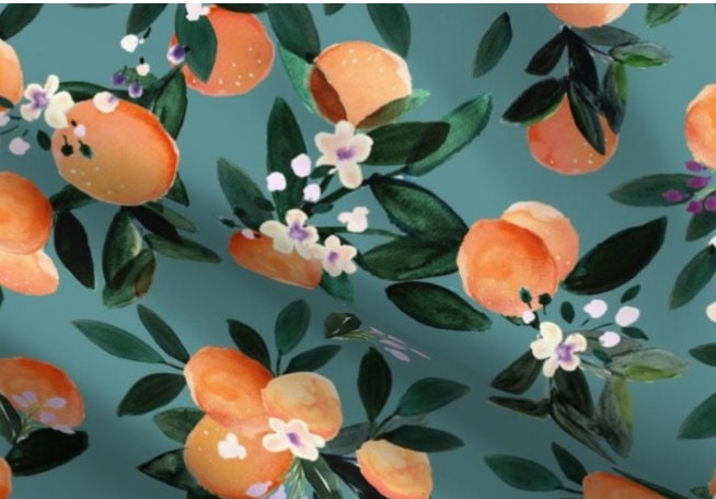 One Curtain Panel or Valance - Organic "Dear Clementine Oranges Teal" Blackout lining available - Handmade Drapery featuring Flowers, Leaves