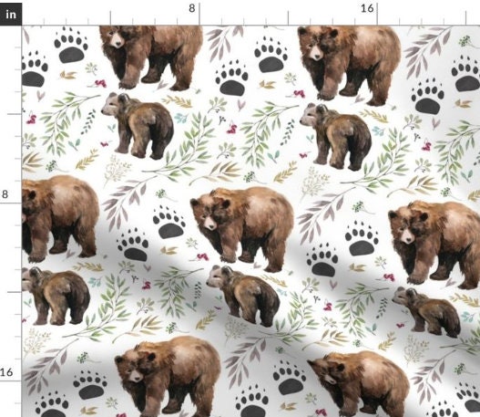 One (1) Curtain Panel. Organic Watercolor Mama Bear & Cub in the Woods Drapery. Blackout lining available. Paw Prints, Twigs and Berries.