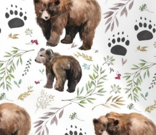One (1) Curtain Panel. Organic Watercolor Mama Bear & Cub in the Woods Drapery. Blackout lining available. Paw Prints, Twigs and Berries.
