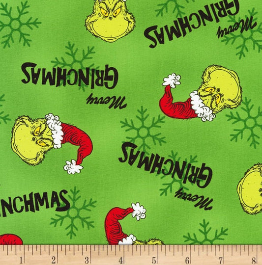 One Curtain Panel - Kaufman How The Grinch Stole Christmas Grinch Faces Green - Festive Curtains - Grinchmas Holiday Decor - Lining Optional