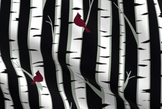 One (1) Curtain Panel or Valance. Organic "Birch Trees and Cardinals"- 54" Wide. Custom made to order drapery featuring birds and birches.