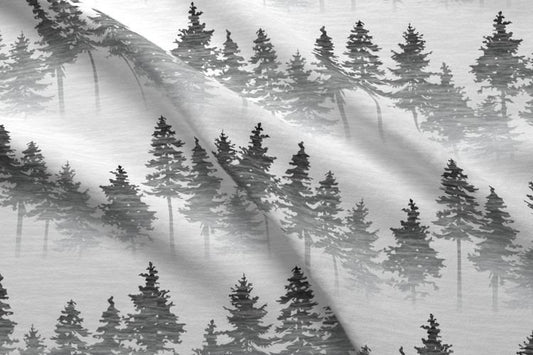 One (1) Curtain Panel "Forest Mist" Drapery - 54" Wide - Blackout lining available- Misty Forest trees in faded grey on white. Lodge decor.