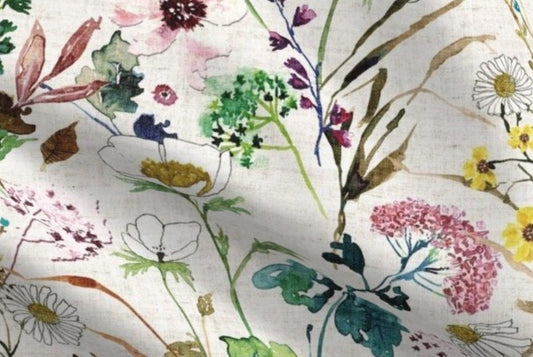 One (1) Curtain Panel - Organic "Verdure Wildflowers Oatmeal" - 54inch Wide - Blackout lining available - Daisies, Pink Floral, Green Leaves