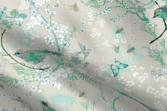 One (1) Curtain Panel Organic Cotton "Birds & Bees Mint" 54" Wide. Green Sateen Cotton Fabric with White Flowers, Colorful Birds, Twigs.