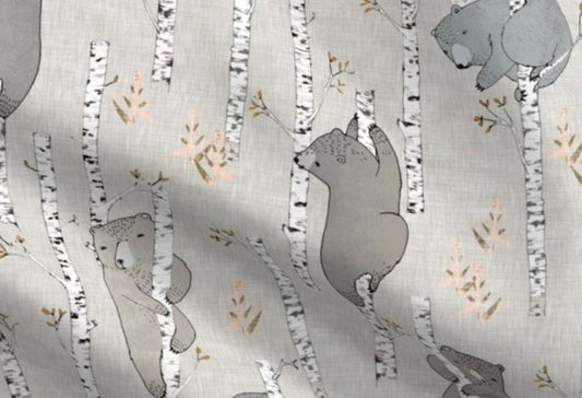 One (1) Curtain Panel Organic "Birch Bears Latte" - 54" Wide - Blackout lining available - White Birch Bark Decor - Birches and Baby Bear