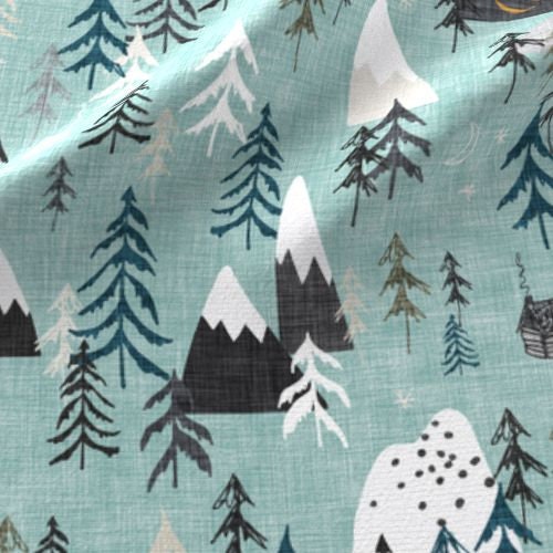 One (1) Curtain Panel - Forest Peaks Sky Blue - 54" Wide - Blackout lining optional - Wildlife, Cabin, Nature, Outdoor, Mountain Climbing