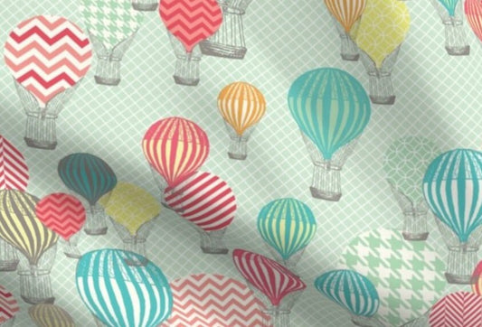 One (1) Curtain Panel - Hot Air balloons - 54" Wide - Blackout lining optional - balloons, blue red aqua pink, baby room, air travel