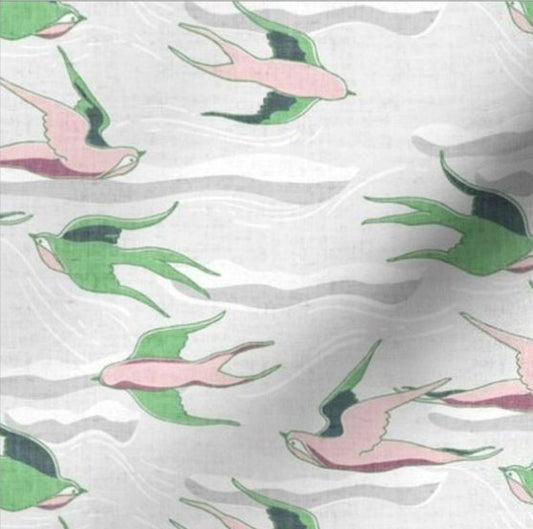 One (1) Curtain Panel Organic Cotton "Where Birds Fly - Green" 54" Wide. Sateen Cotton Fabric with White Clouds, Colorful Birds Pink, Gray