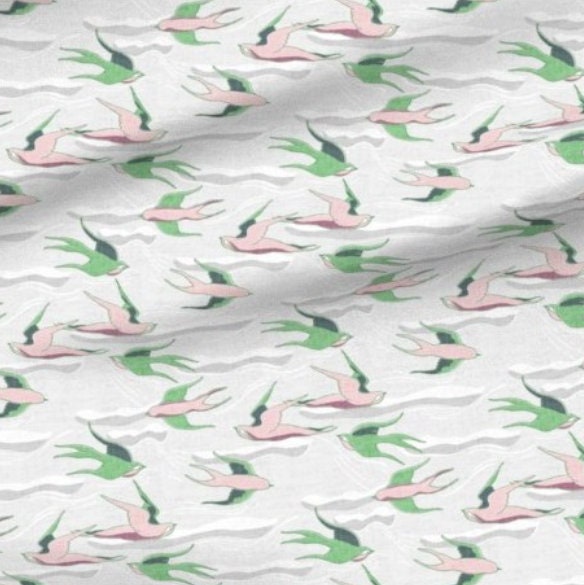 One (1) Curtain Panel Organic Cotton "Where Birds Fly - Green" 54" Wide. Sateen Cotton Fabric with White Clouds, Colorful Birds Pink, Gray