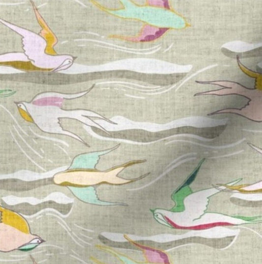 One (1) Curtain Panel Organic Cotton "Where Birds Fly - Sage" 54" Wide. Sateen Cotton Fabric with Clouds, Colorful Birds