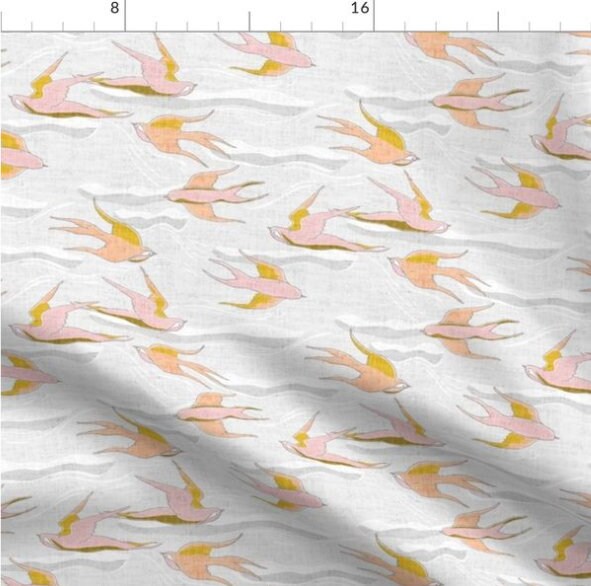 One (1) Curtain Panel Organic Cotton "Where Birds Fly - Peach" 54" Wide. Sateen Cotton Fabric with White, Gray Clouds, Colorful Birds
