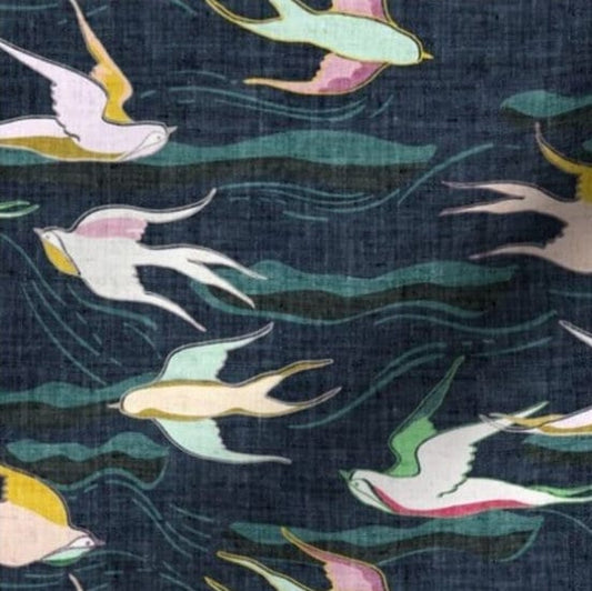 One (1) Curtain Panel Organic Cotton "Where Birds Fly - Navy" 54 inch Wide. Sateen Cotton Fabric with Clouds, Colorful Birds