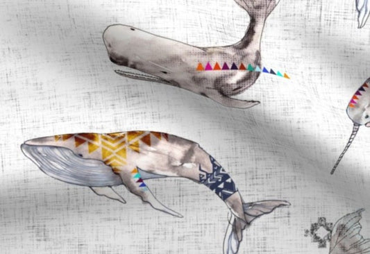One (1) Curtain Panel Organic Cotton "Whale Tribe" - 54" Wide. Sateen Cotton Fabric with Tribal Painted Whales, Narwhals. Ocean, Sea Life