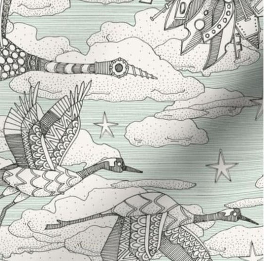One (1) Curtain Panel Organic Cotton "steampunk crane toile mint" - 54" Wide. Sateen Cotton Fabric, Pale Green, Black White, Clouds, Stars