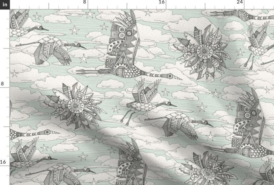 One (1) Curtain Panel Organic Cotton "steampunk crane toile mint" - 54" Wide. Sateen Cotton Fabric, Pale Green, Black White, Clouds, Stars