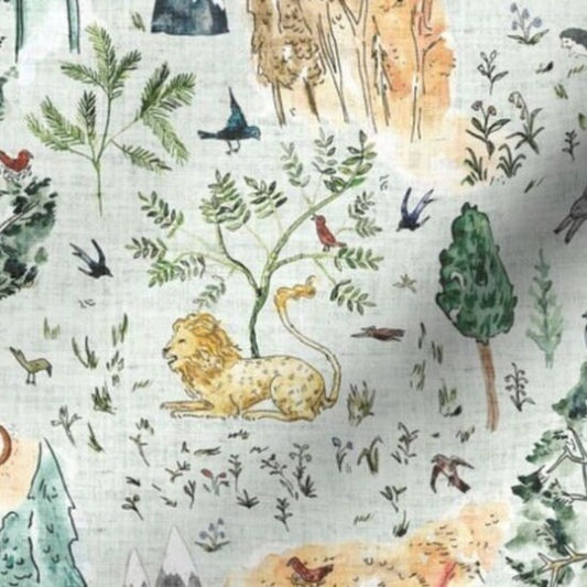 One (1) Curtain Panel or Valance Organic Cotton "The Menagerie Sage" - 54" Wide. Sateen Cotton Fabric, Lions, Safari, Rabbits, Moon, Trees
