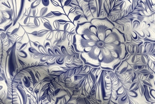 One (1) Curtain Panel or Valance Organic Cotton "Boho Flower Burst in Indigo Navy Blue and Cream" - 54" Wide. Sateen Cotton Fabric, Leaves
