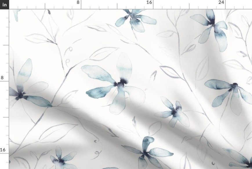 One (1) Curtain Panel or Valance Organic Cotton "Clematis blue and white watercolor floral" - 54inch Wide. Sateen Cotton. Delicate Flowers