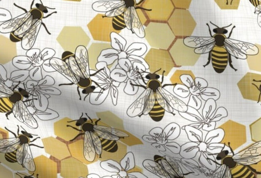 One (1) Curtain Panel Organic Cotton "Save The Honey Bees" - 54" Wide. Sateen Cotton Fabric, Honeycomb, Hive, Swarm, Bee, White Flowers