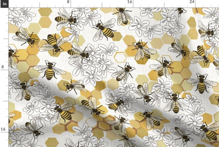 One (1) Curtain Panel Organic Cotton "Save The Honey Bees" - 54" Wide. Sateen Cotton Fabric, Honeycomb, Hive, Swarm, Bee, White Flowers