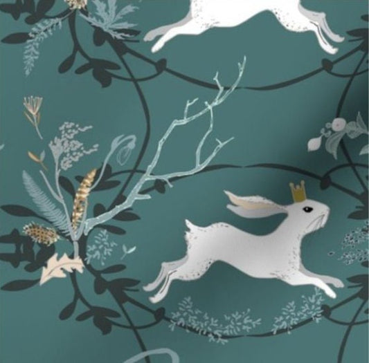 One (1) Curtain Panel Organic Cotton "Bunny Prince Damask Teal" - 54" Wide. Sateen Cotton Fabric, Moon, Prince, Rabbit, Leaves, Twigs