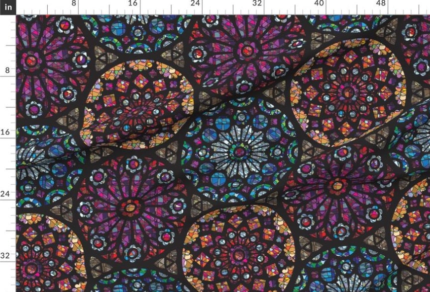 One (1) Curtain Panel Organic Cotton "Stained Glass Rose Windows" - 54" Wide. Sateen Cotton Fabric with Mosaic Stained Glass Fragments