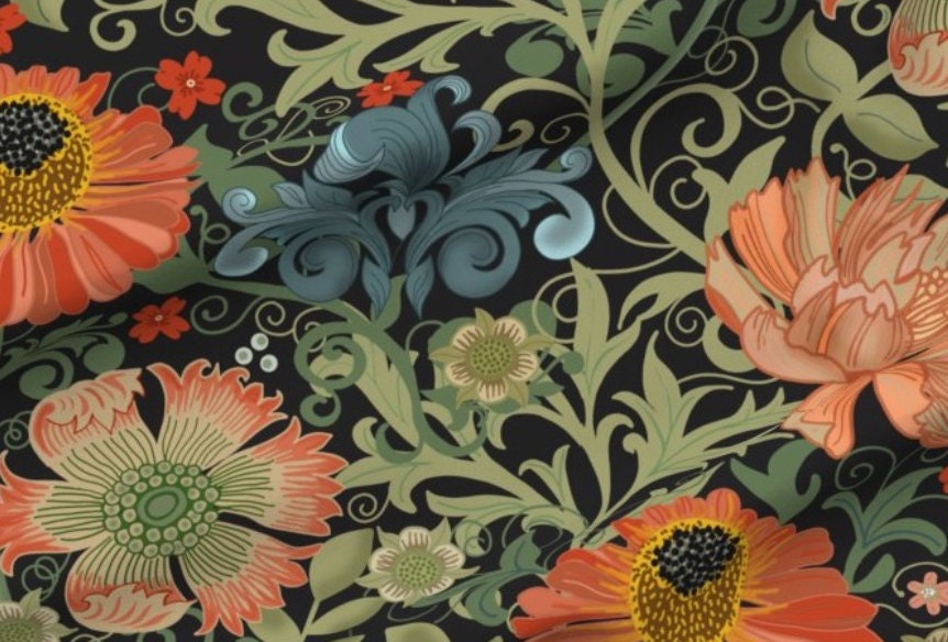One (1) Curtain Panel Cotton "Le Jardin Art Nouveau black" - 54 inch Wide. Sateen Cotton Fabric with Large Bold Orange Flowers