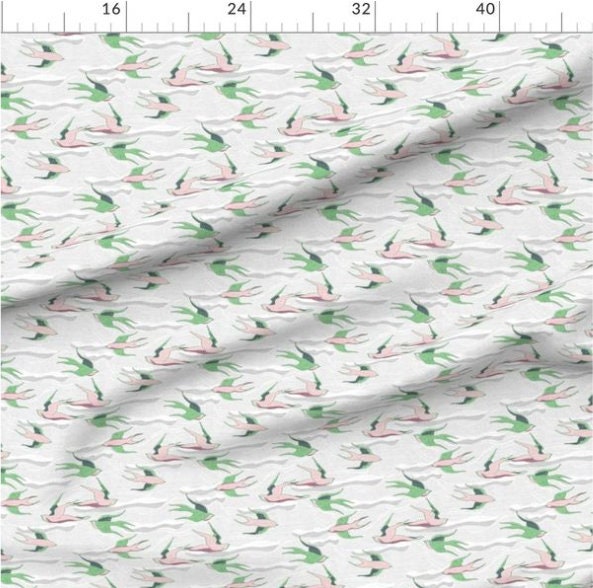 One (1) Curtain Panel Organic Cotton "Where Birds Fly - Green" 54" Wide. Sateen Cotton Fabric with White Clouds, Colorful Birds Pink, Gray