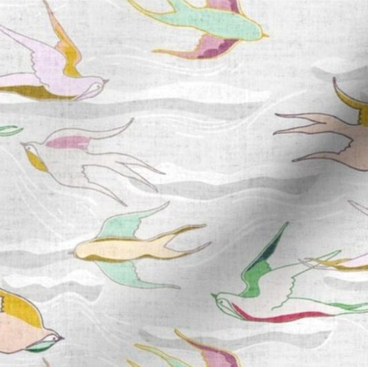 One (1) Curtain Panel Organic Cotton "Where Birds Fly - Multicolor" 54" Wide. Sateen Cotton Fabric with White, Gray Clouds, Colorful Birds